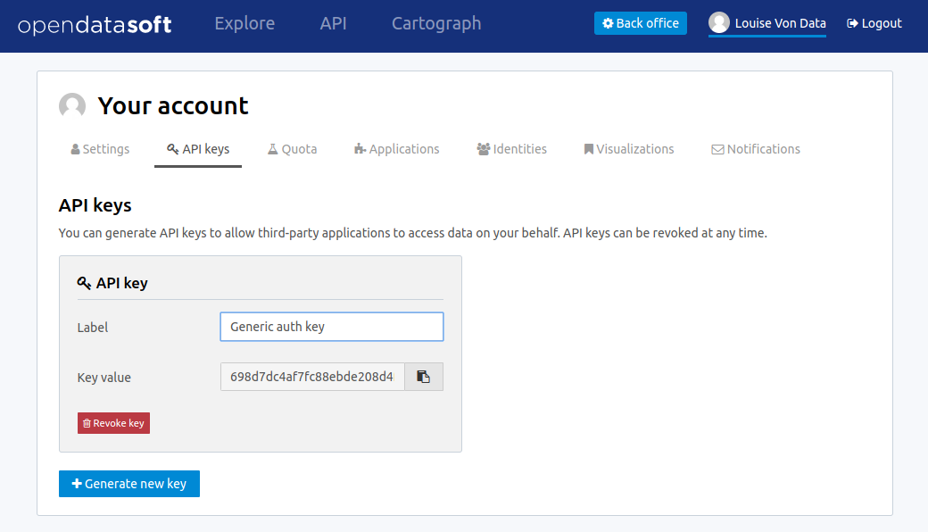 Account's API keys page