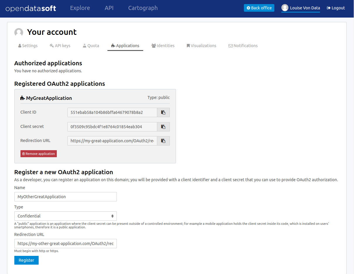 OAuth2 applications management interface